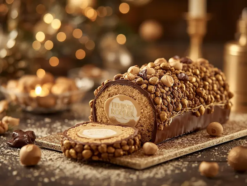 Bûche de Noël Ferrero Rocher facile et légère avec nappage rocher et éclats de noisettes