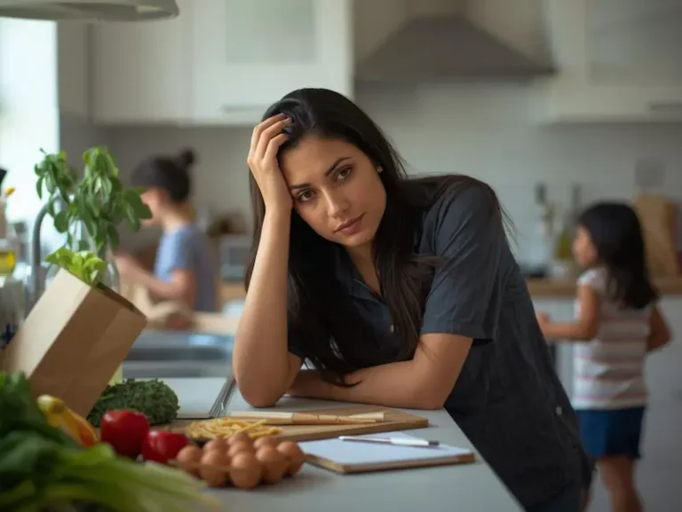 Femme assise dans sa cuisine, charge mentale, l’air pensif, avec des ingrédients sur le plan de travail