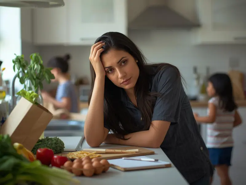 Femme assise dans sa cuisine, charge mentale, l’air pensif, avec des ingrédients sur le plan de travail