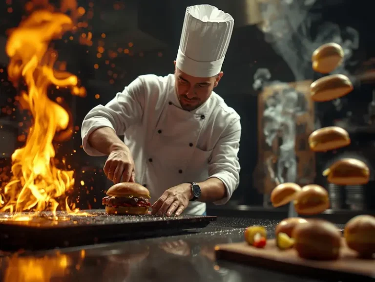 Chef en tenue blanche préparant des smash burgers sur un grill avec des flammes spectaculaires.