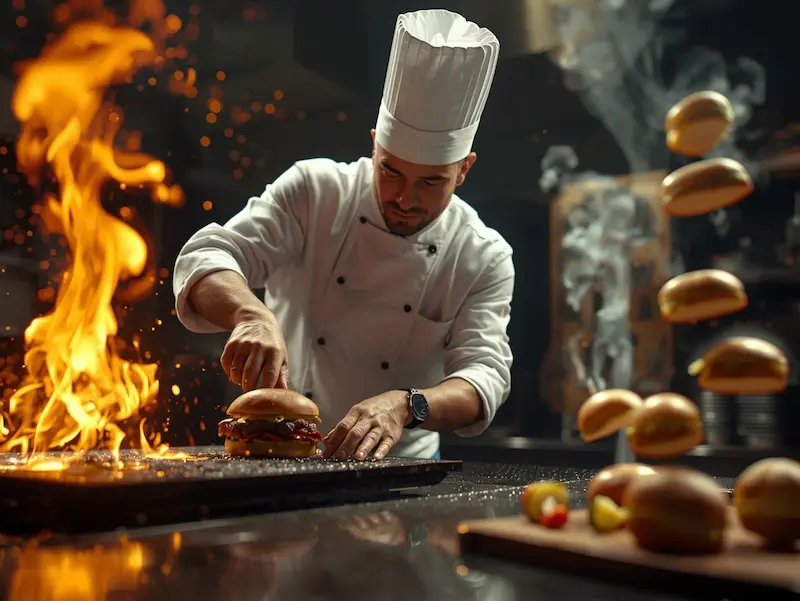 Chef en tenue blanche préparant des smash burgers sur un grill avec des flammes spectaculaires.