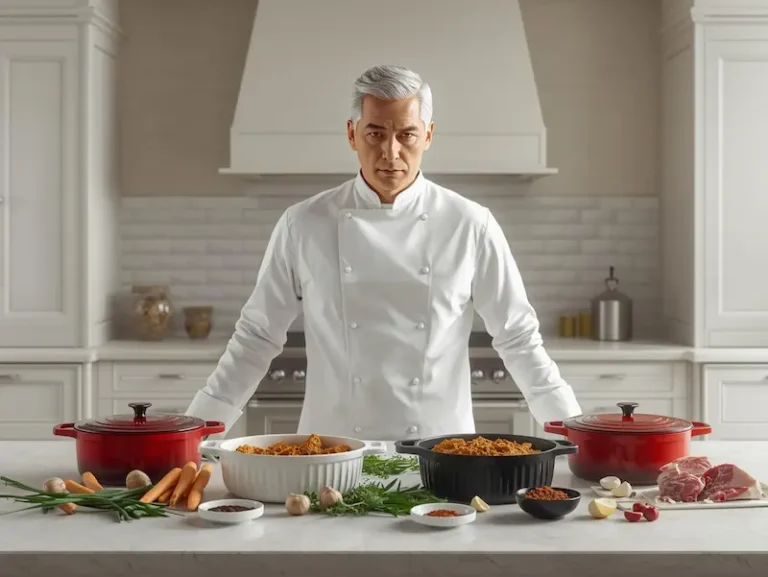 Homme élégant cuisinant avec une cocotte en fonte dans une cuisine moderne