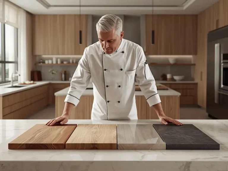 Chef cuisinier présentant différentes planches à découper en bois, plastique, bambou et verre dans une cuisine moderne