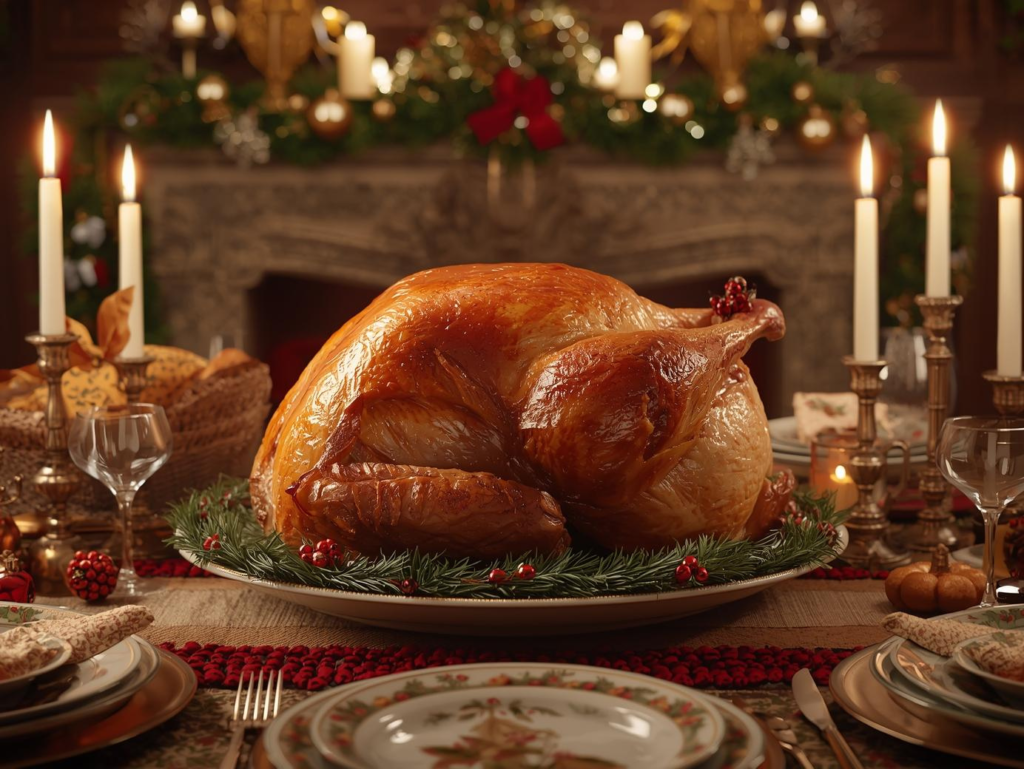 Dinde farcie Noël juteuse et dorée servie sur une table festive
