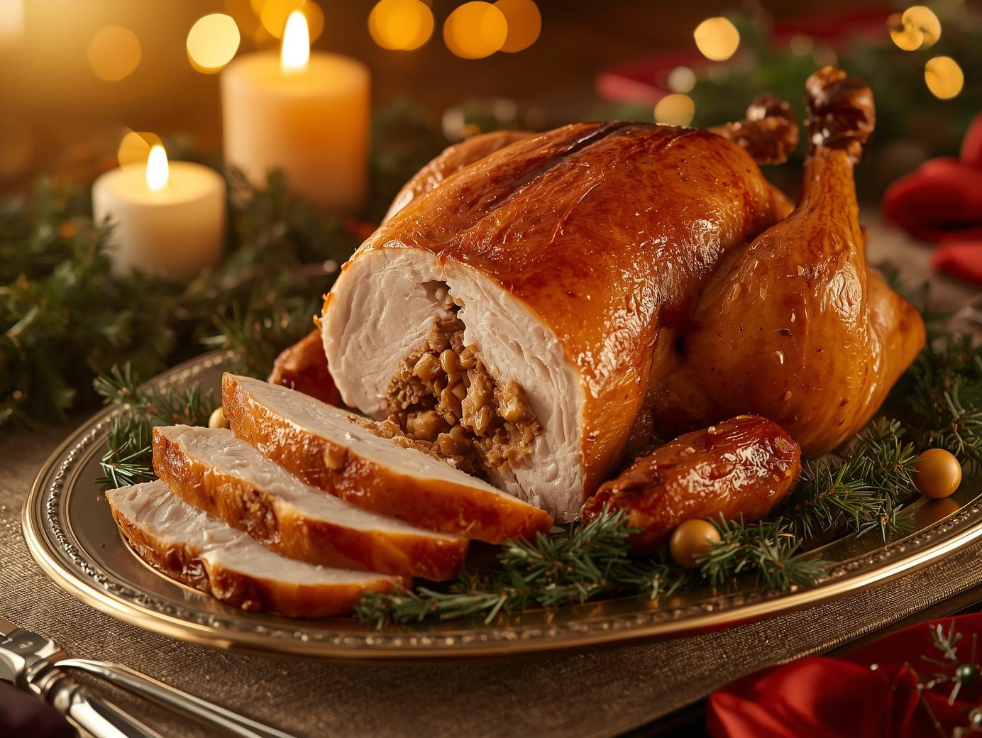 Dinde farcie Noël découpée, farce moelleuse visible, servie pour le repas de fête