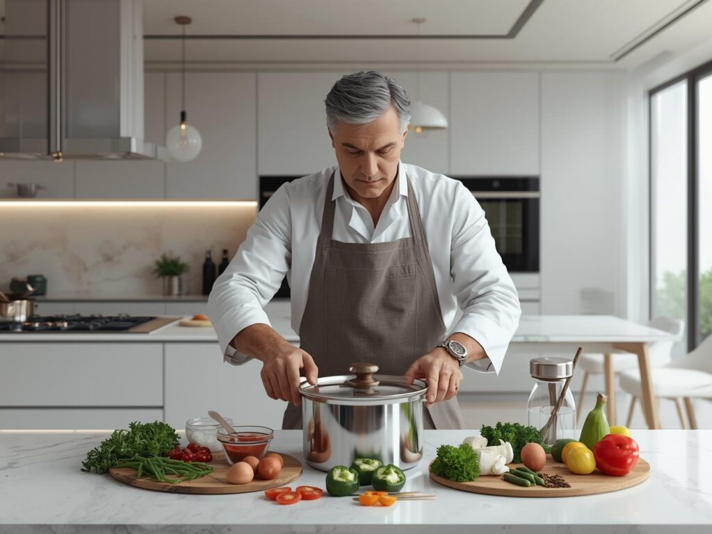 Docteur Spatule testant une marmite inox dans une cuisine moderne lumineuse