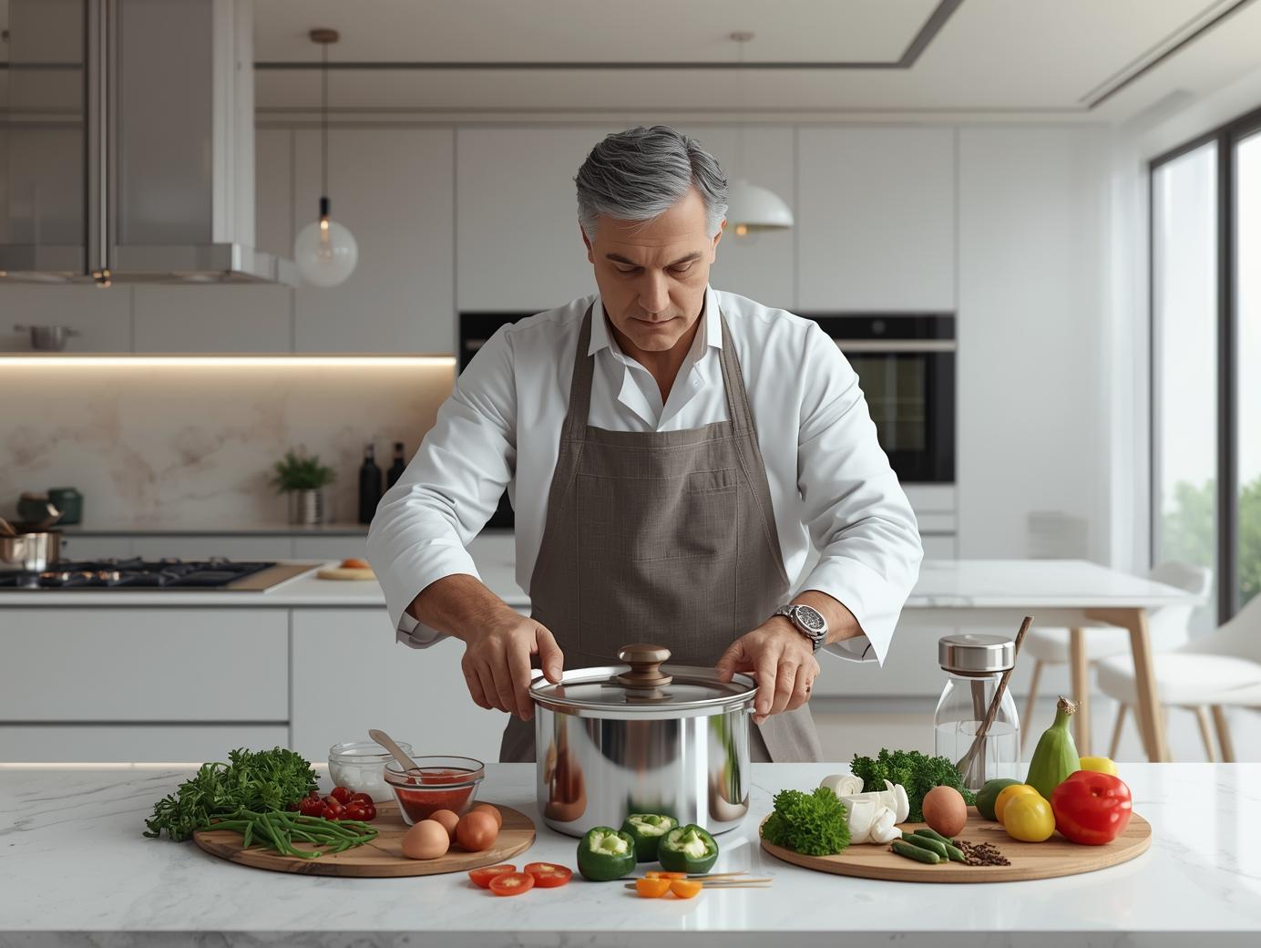 Docteur Spatule testant une marmite inox dans une cuisine moderne lumineuse