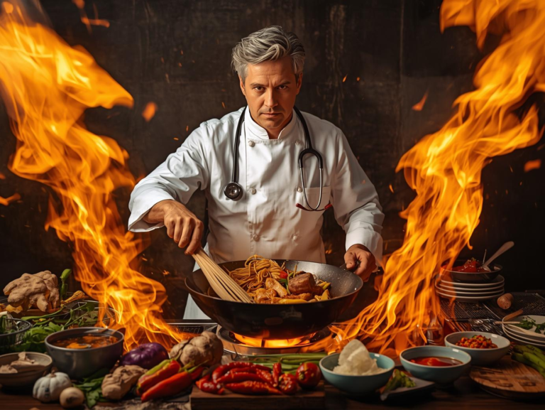 Docteur Spatule cuisine au wok avec des flammes dans une cuisine asiatique — illustration pour l’article “quel wok choisir”.