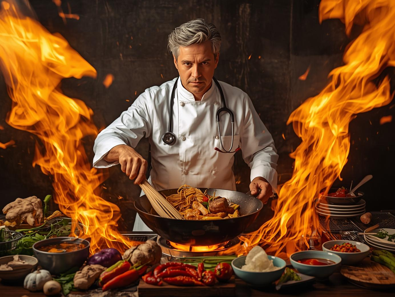 Docteur Spatule cuisine au wok avec des flammes dans une cuisine asiatique — illustration pour l’article “quel wok choisir”.