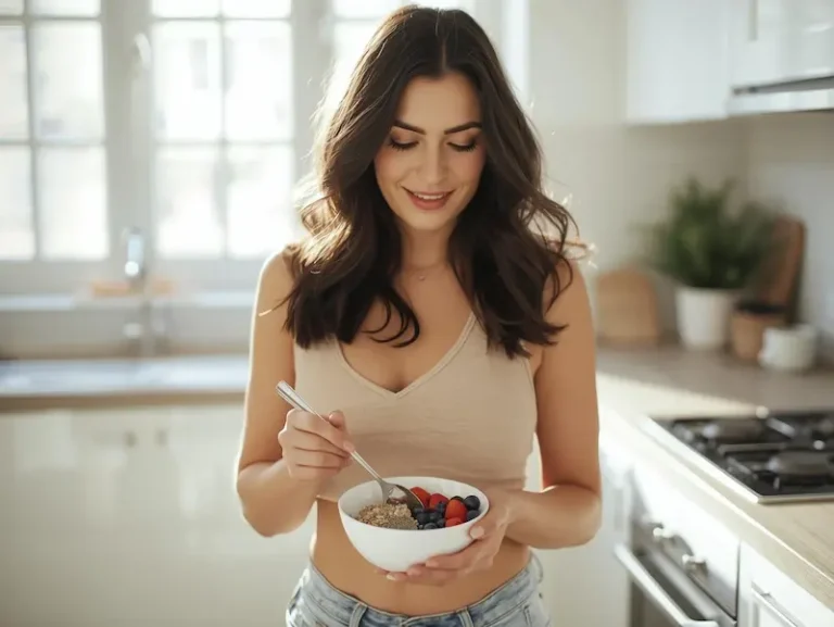 Femme brune préparant un bol d’aliments riches en fibres dans une cuisine moderne