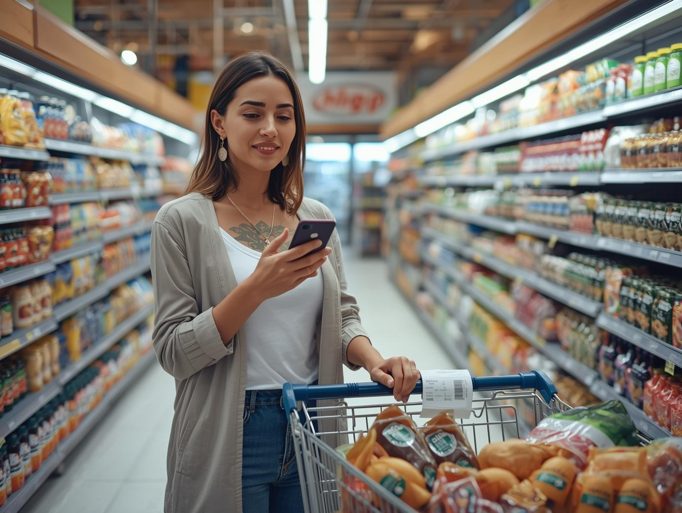femme utilisant une application pour faire des économies sur les courses