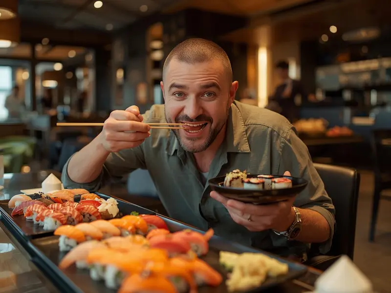 Homme qui mange des sushi dans un restaurant moderne à Montpellier