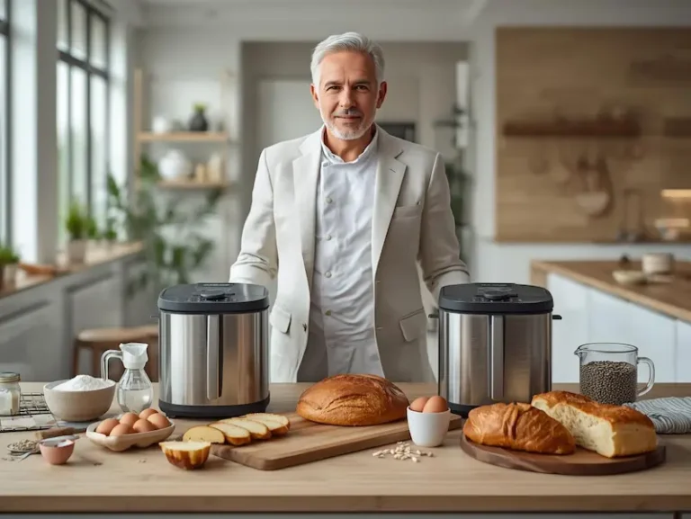 Homme préparant du pain maison avec une machine a pain dans une cuisine moderne