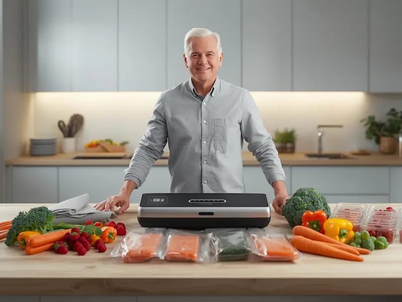 Machine sous vide testée en cuisine avec aliments frais et sachets sous vide