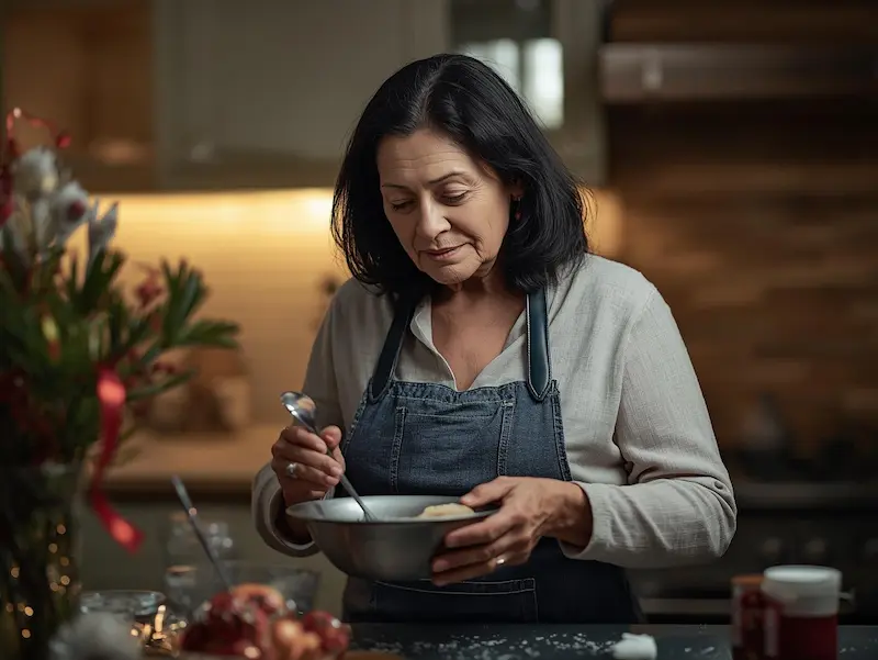 Femme âgée cuisinant dans une cuisine chaleureuse de Noël