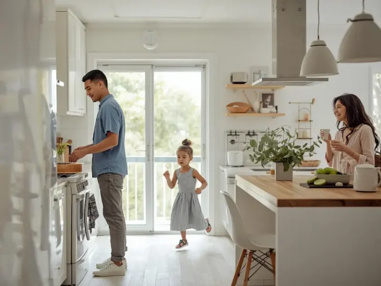 Famille dans une cuisine moderne et lumineuse, illustrant une odeur de cuisine au quotidien dans un espace de vie familial