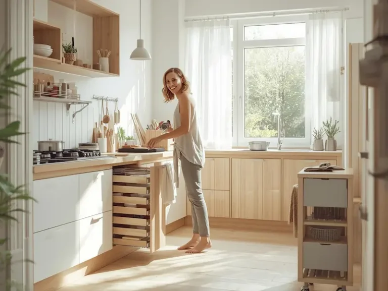 Petit meuble de rangement cuisine dans un espace lumineux et bien organisé, apportant confort et bien-être au quotidien.