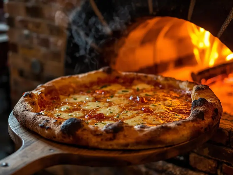 pizza au feu de bois sortant du four traditionnel italien