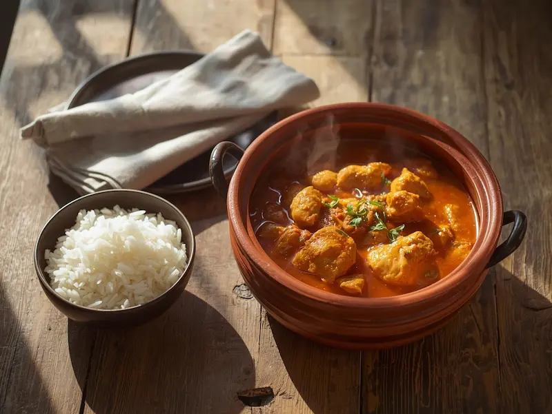 plat de poulet au curry avec riz basmati