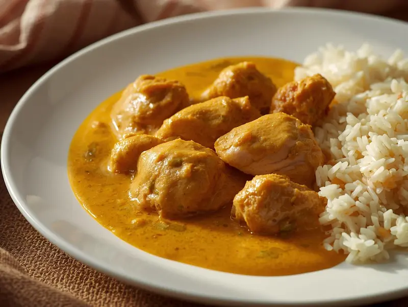 poulet au curry crémeux maison dans une assiette