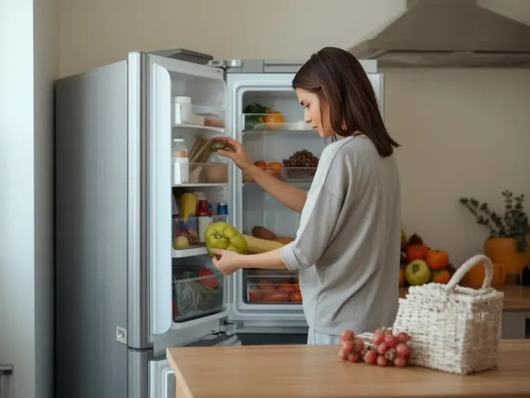Femme en train de ranger son frigo dans une cuisine lumineuse, organisation des aliments pour un frigo bien rangé au quotidien