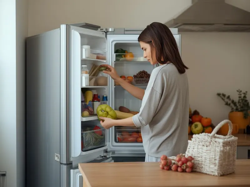 Femme en train de ranger son frigo dans une cuisine lumineuse, organisation des aliments pour un frigo bien rangé au quotidien