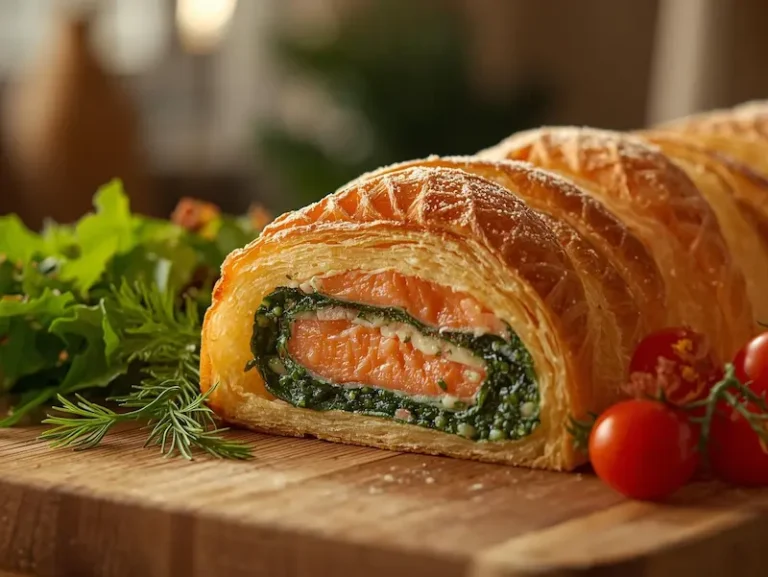 recette saumon en croûte feuilletée aux épinards, plat festif doré et fondant