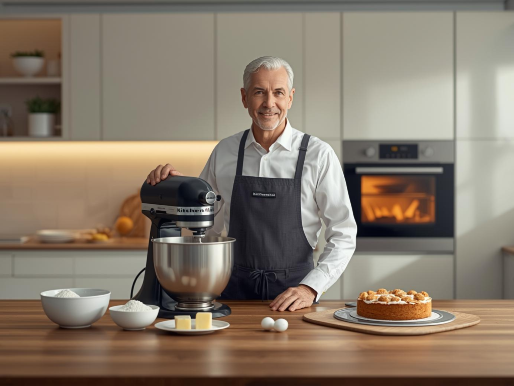 Robot pâtissier KitchenAid Artisan utilisé en pâtisserie maison par un chef dans une cuisine moderne
