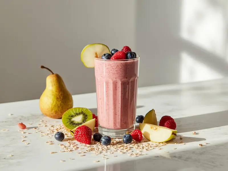 Smoothie riche en fibres avec fruits frais, avoine et graines