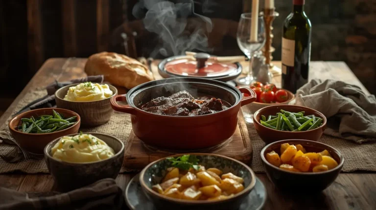 Table de ferme rustique dressée pour un repas chaleureux, avec au centre une cocotte de bœuf bourguignon fumant, entourée de bols contenant de la purée, des haricots verts et des pommes de terre grenailles. Pain de campagne et vin rouge.