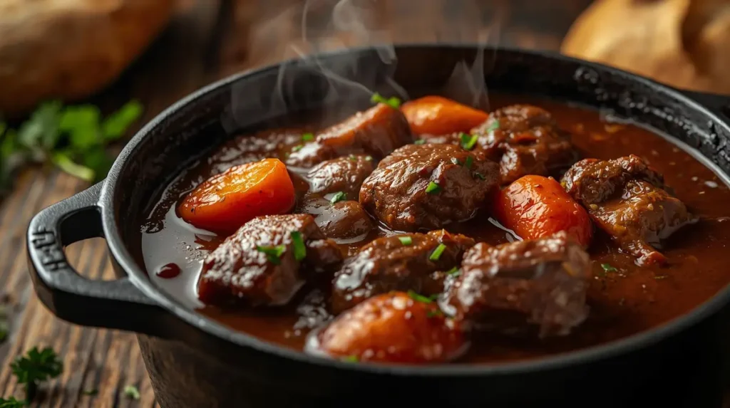 Gros plan plongeant sur une cocotte en fonte noire remplie de bœuf bourguignon, sauce brillante rouge sombre, carottes fondantes et volutes de vapeur chaude. Que servir avec un bœuf bourguignon ? 10 idées d'accompagnements parfaits