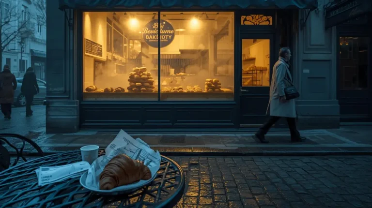 Photographie atmosphérique d'une rue parisienne à l'aube. Le premier plan montre une terrasse de café froide et chère, tandis que l'arrière-plan révèle une boulangerie artisanale chaleureuse et lumineuse vers laquelle se dirige un passant. Où prendre le meilleur petit déjeuner à Paris sans se ruiner ?