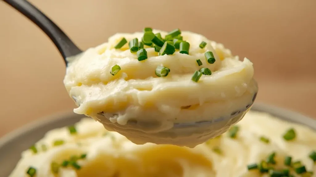 Louche en argent versant une purée de pommes de terre épaisse et onctueuse parsemée de ciboulette fraîche ciselée, lumière douce et texture veloutée.