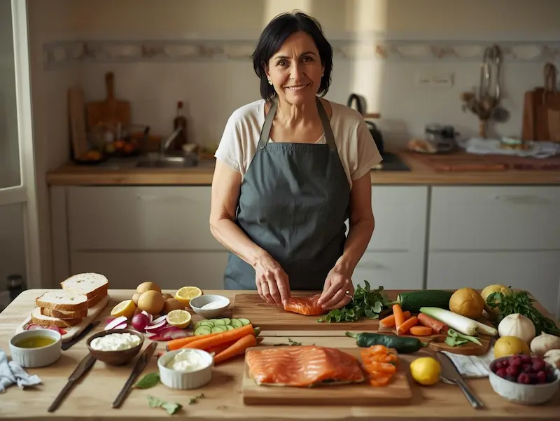 Repas healthy complet préparé dans une cuisine familiale avec une entrée, un plat et un dessert faits maison