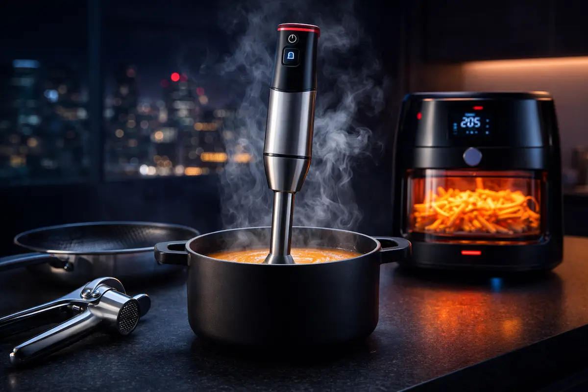 Composition élégante et technologique des meilleurs outils de cuisine de 2026 sur un plan de travail en quartz gris. 10 gadgets de cuisine originaux et indispensables pour vous simplifier la vie