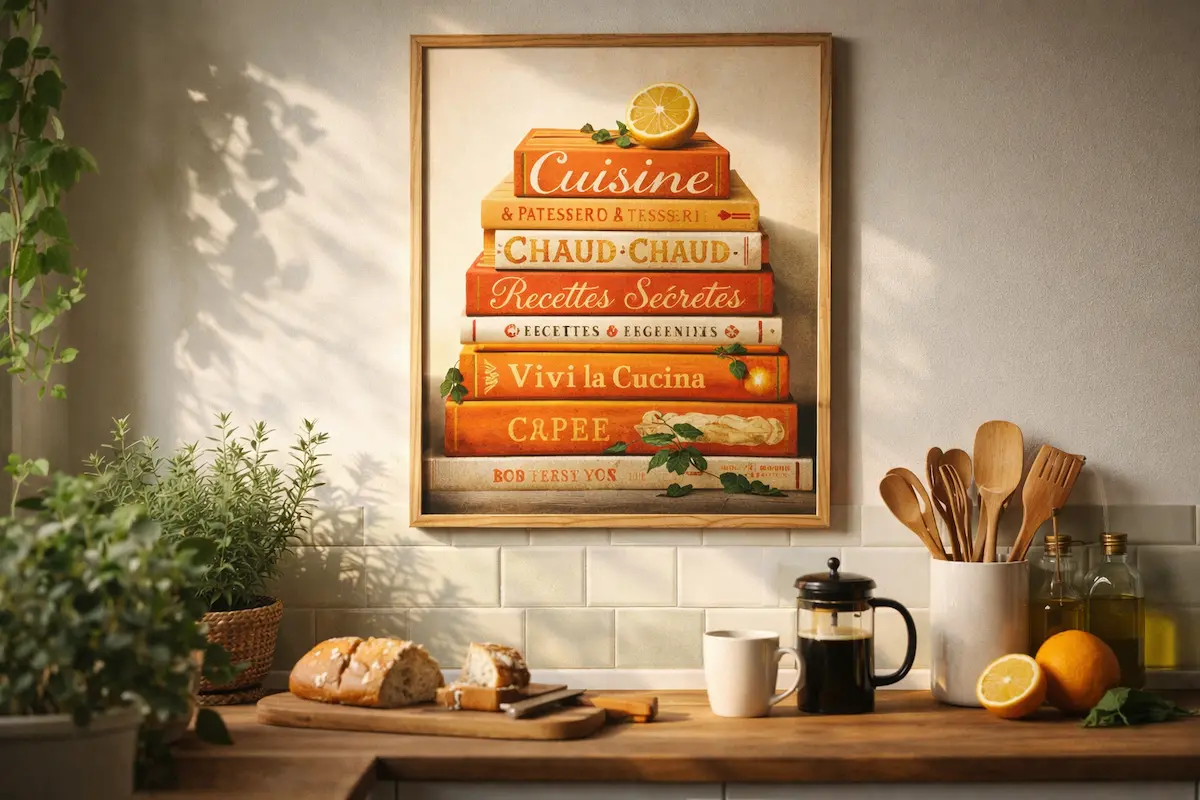 Affiche cuisine originale encadrée au-dessus d’un plan de travail en bois dans une cuisine lumineuse et chaleureuse