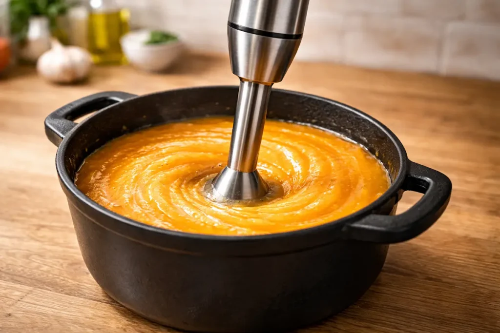 Vue rapprochée d'un mixeur plongeant en acier inoxydable immergé dans une casserole en fonte, créant un tourbillon dans une soupe de légumes orange vif avec une vapeur légère. 10 gadgets de cuisine originaux et indispensables pour vous simplifier la vie