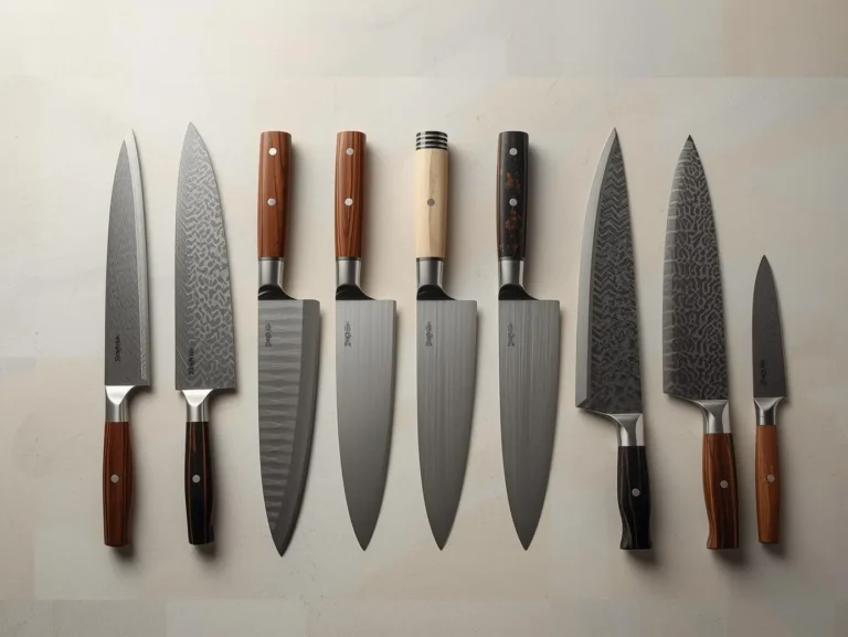 couteau japonais de chef alignés sur plan de travail en bois