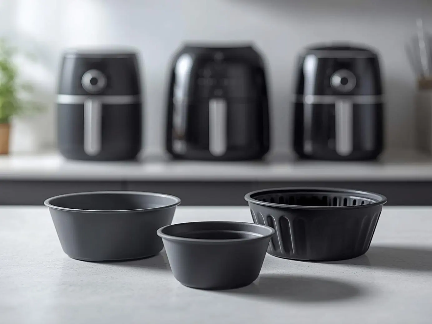 moule silicone air fryer présenté au premier plan avec différents air fryers en arrière-plan flouté