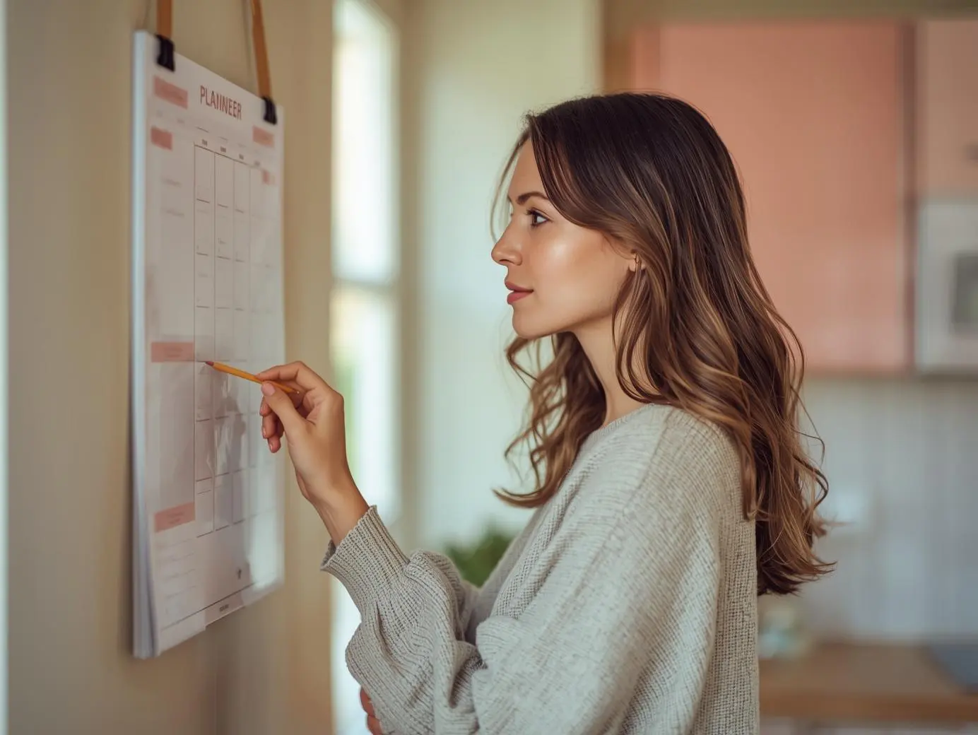 Femme planifiant son ménage avec un planning hebdomadaire accroché au mur