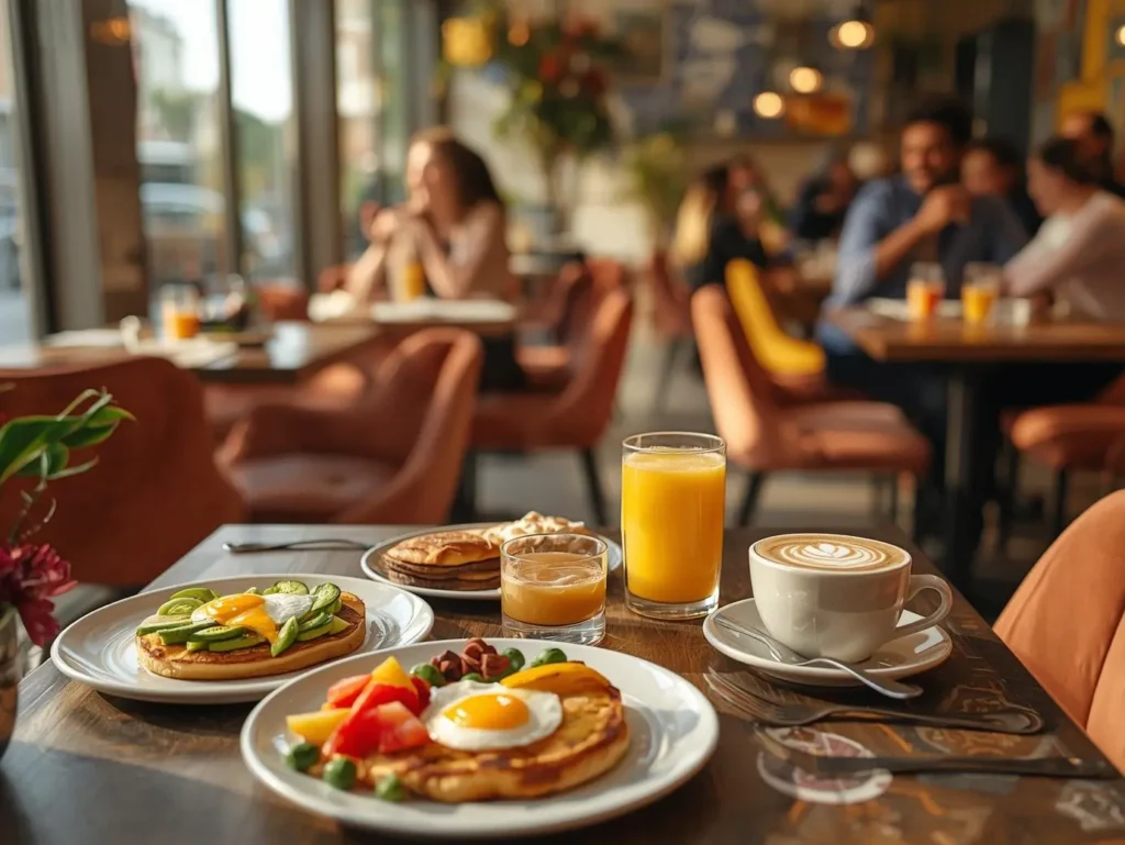 Brunch parisien dans un restaurant moderne et chaleureux, ambiance cosy avec assiettes gourmandes et café