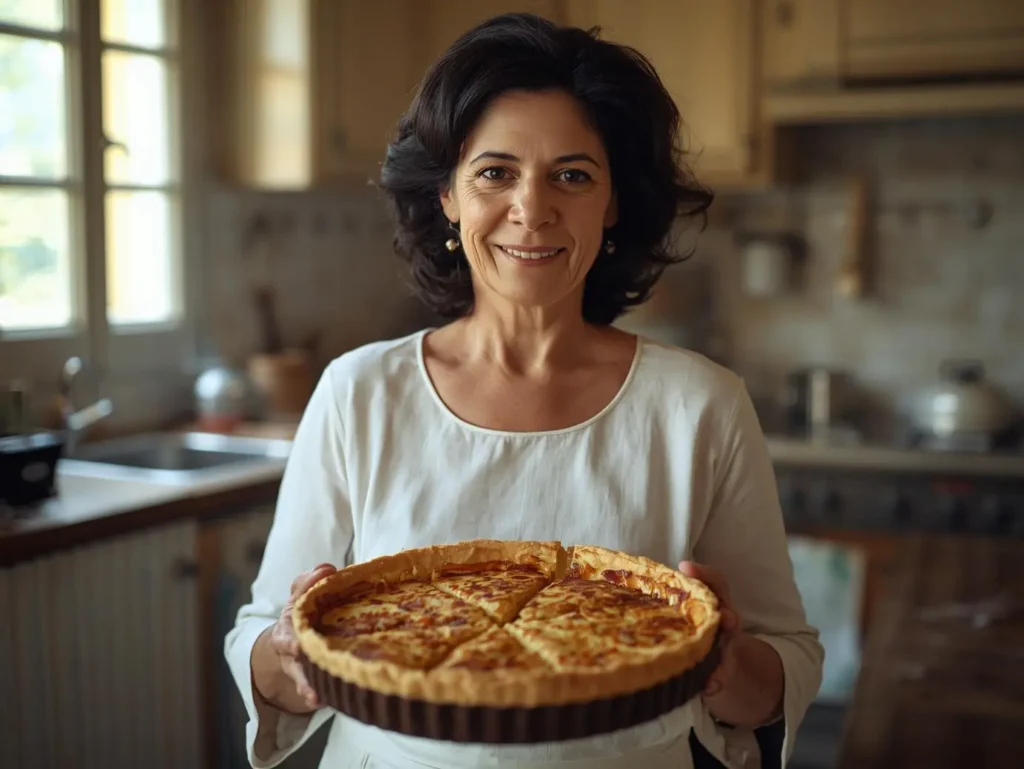 Recette quiche lorraine traditionnelle présentée par une femme de 65 ans dans une cuisine familiale