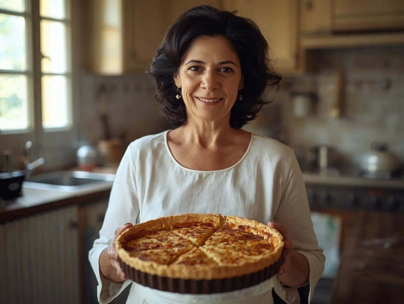 Recette quiche lorraine traditionnelle présentée par une femme de 65 ans dans une cuisine familiale