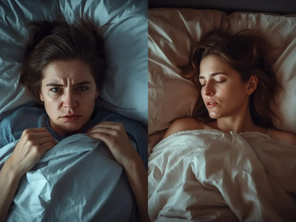 Quelle plante pour dormir : comparaison avant après avec une personne éveillée par l’insomnie et la même personne dormant paisiblement