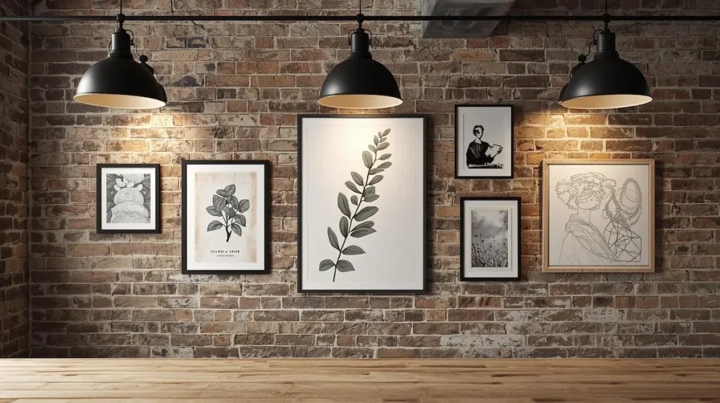 Mur de briques rouges d'une cuisine de style loft avec cinq cadres de tailles différentes disposés de manière asymétrique, mêlant illustrations botaniques et typographies rétro.
