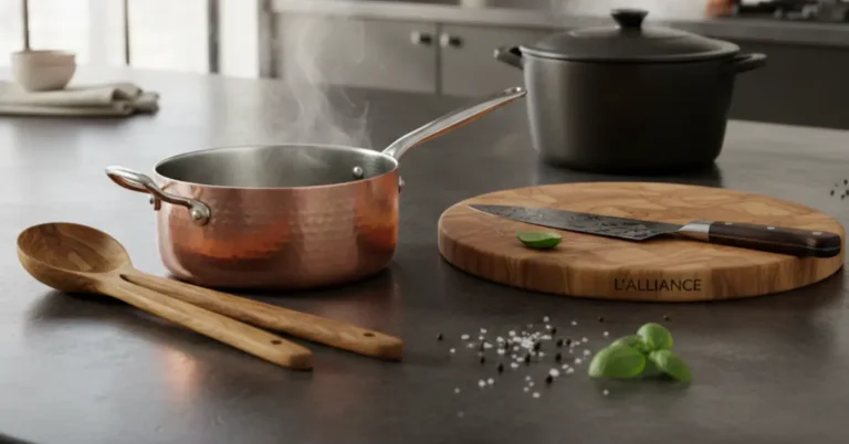Nature morte cinématographique d'une casserole en cuivre, d'un couteau de chef équilibré et d'ustensiles en bois sur un plan de travail en pierre sombre.