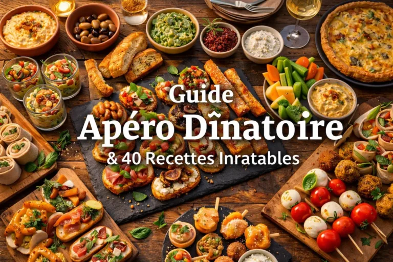 Buffet apéro dînatoire sur grande table en bois avec verrines, feuilletés chauds, bruschettas, dips maison, brochettes et finger food variées pour recevoir sans stress
