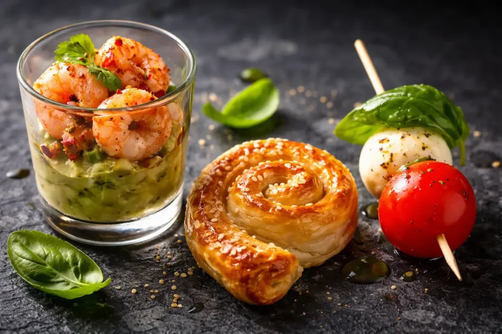 Gros plan sur une sélection de bouchées : mini-burgers, verrines tricolores et brochettes de tomates-mozzarella.