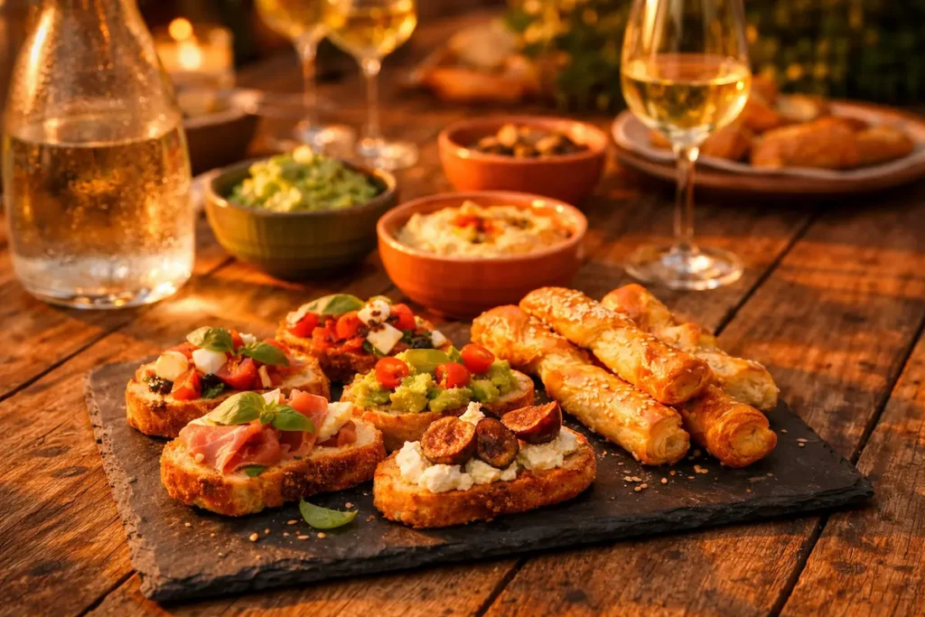Vue en plongée d'une table rustique couverte d'un buffet apéritif dînatoire : planches de charcuterie, bols de dips colorés et verrines, éclairage chaleureux.Idée Apéro Dînatoire