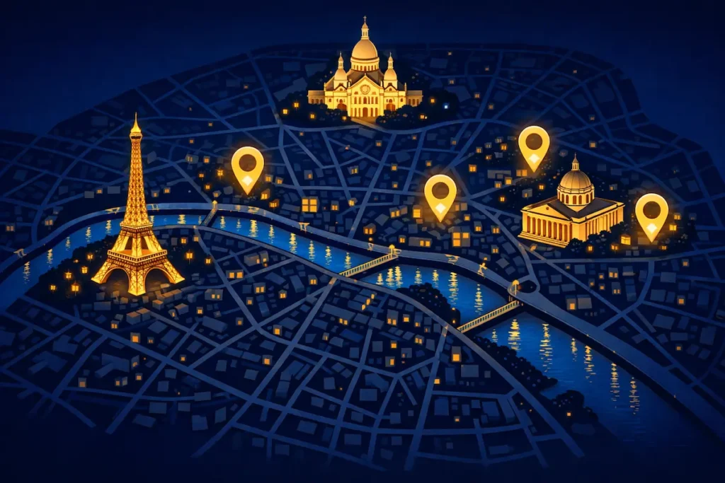 Carte stylisée de Paris vue de haut à la tombée de la nuit, localisant les rooftops mentionnés (Marais, Saint-Germain, Tour Eiffel) avec une distinction visuelle entre les pièges à touristes et les valeurs sûres. rooftop Paris